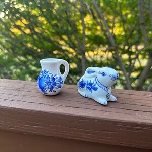 Blue and White Ceramic Pitcher and Rabbit Figurine Set